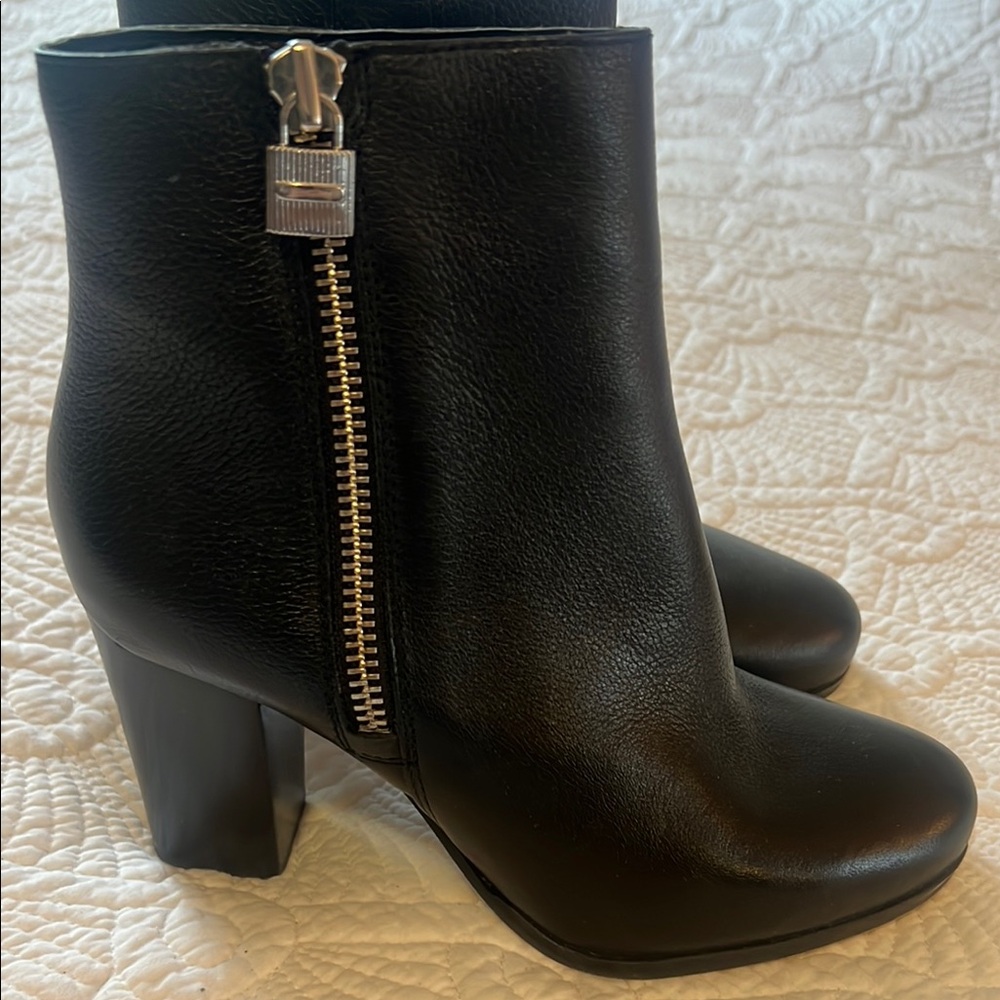 Michael Kors Black Leather Zip-Accent Block Heel Ankle Boots